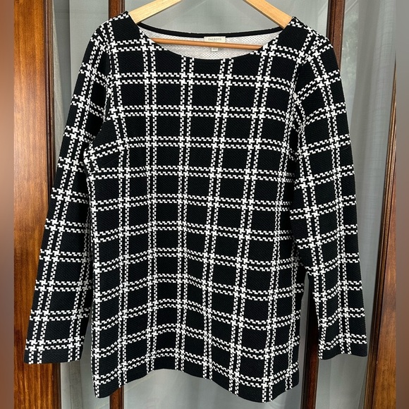 Talbots Top Large Black White Plaid Windowpane Ponte Knit Long Sleeve Side Slits - Picture 1 of 7
